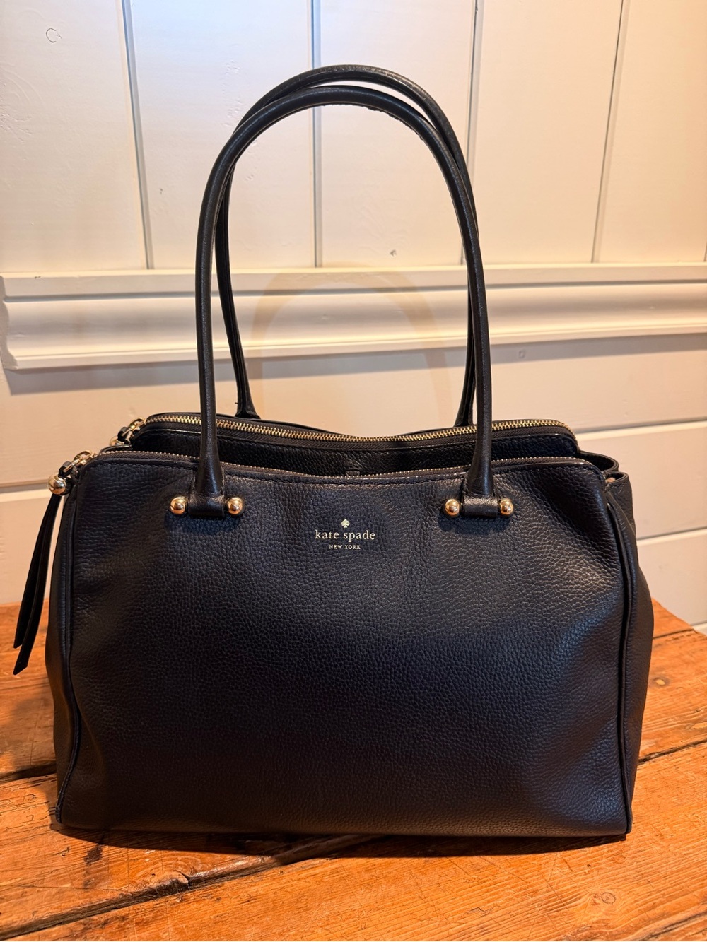 Kate Spade New York Black Pebbled Leather Satchel Purse Gold Hardware Large Tote